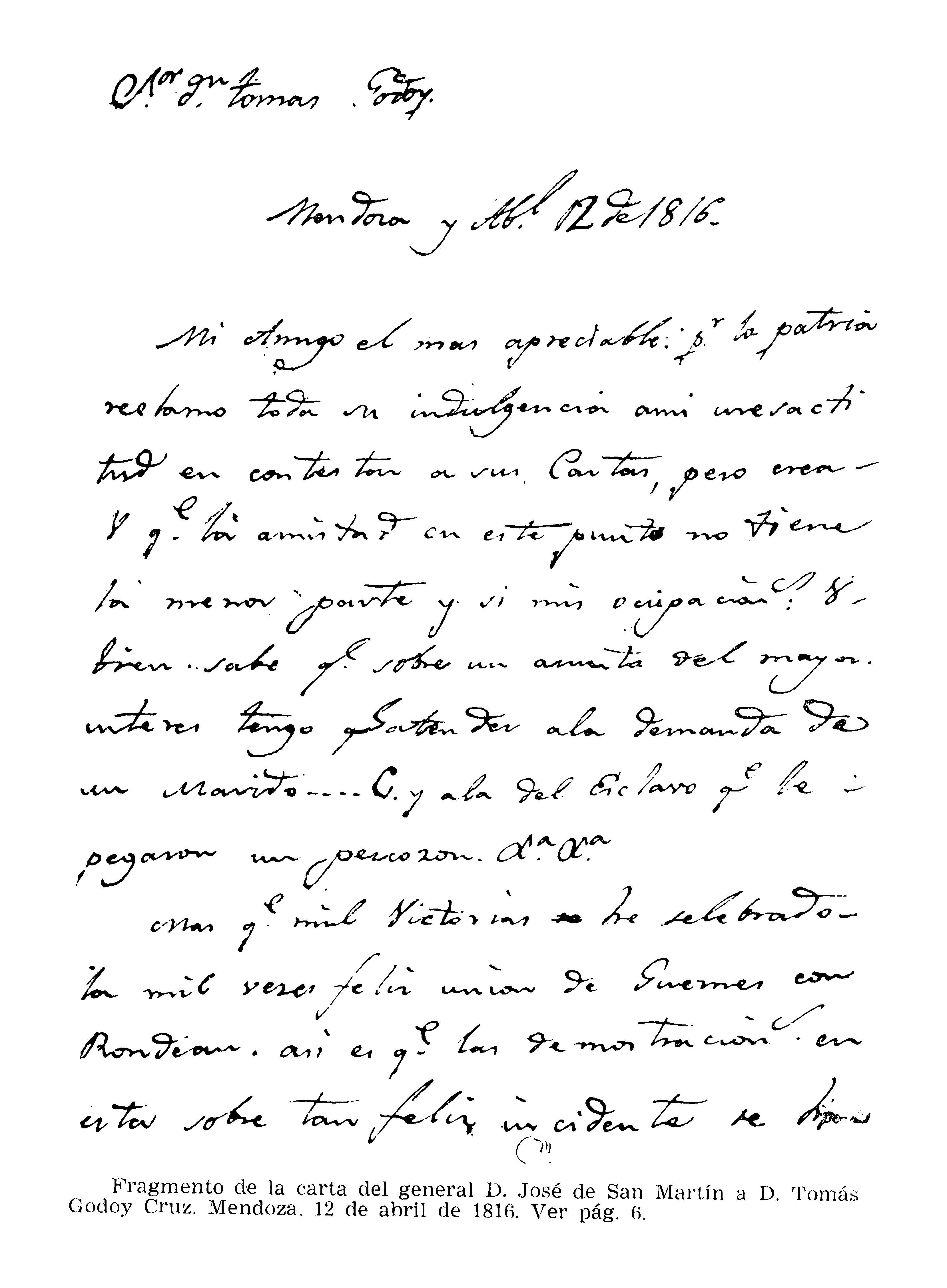 Fragmento de carta del general San Martín a Tomás Godoy Cruz